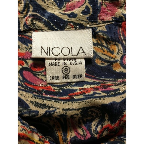 Vintage 80s Womens Size 8 Medium Nicola Paisley Puff Long Sleeve Pleated Blouse - Picture 7 of 8